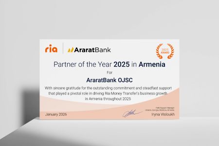 AraratBank Earns RIA Money Transfer’s Partner of the Year in Armenia for the Seventh Consecutive Year